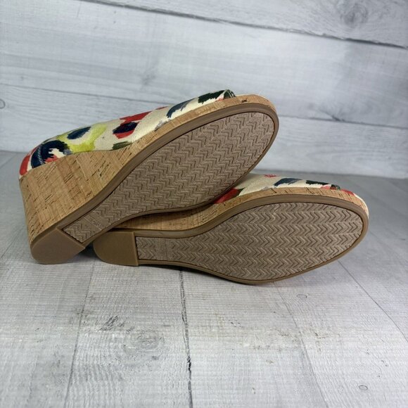 Toms STELLA Abstract Floral Canvas Peep Toe Cork Wedge Heel Slip On Shoes Size 9 - Picture 13 of 16
